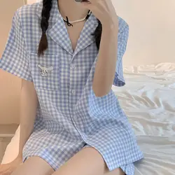 Korean Style Cartoon Embroidery Solid Color Plaid Pyjamas Pajamas for Teen Girls Two Piece Set Summer Pijamas Women