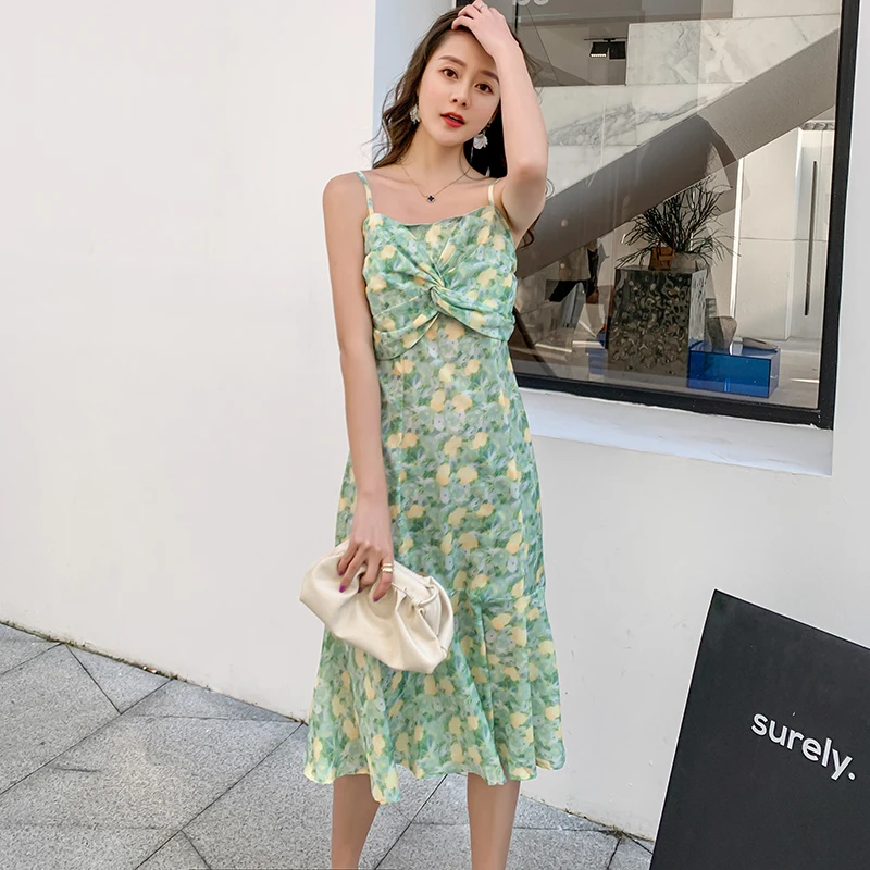 

Long Slim Floral Women Chiffon Dress Summer 2020 Runway Elegant Party Slip Dress Ruched Korean Cute Boho Beach Vacation Sundress