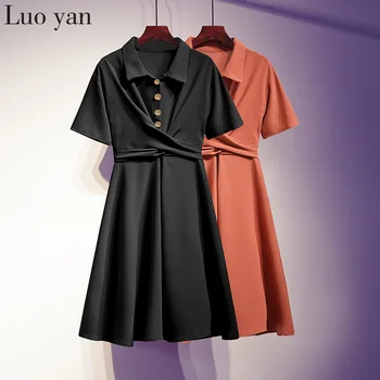 

Summer Korean 5XL Plus Size Solid Midi Dress 2020 Vintage Elegant Women Button Short Sleeve Loose Casual Ladies Dresses Vestidos