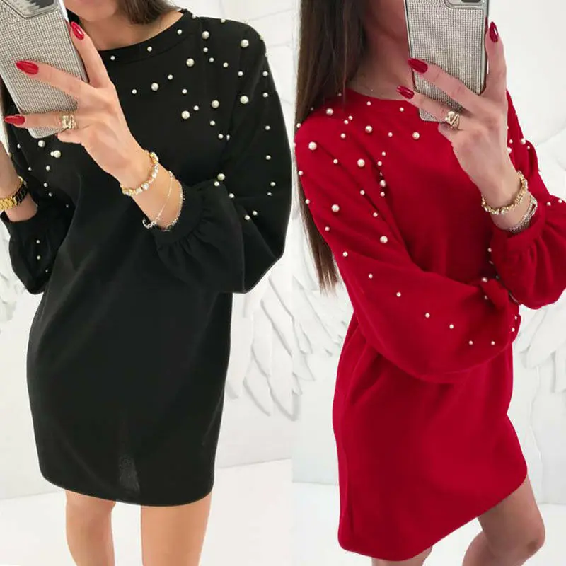 

Round Neck Beaded Long Sleeve Dress New Slim Casual Dress Women 2019 Autumn Dress Clothing New Arrival Black Red Mini Dress