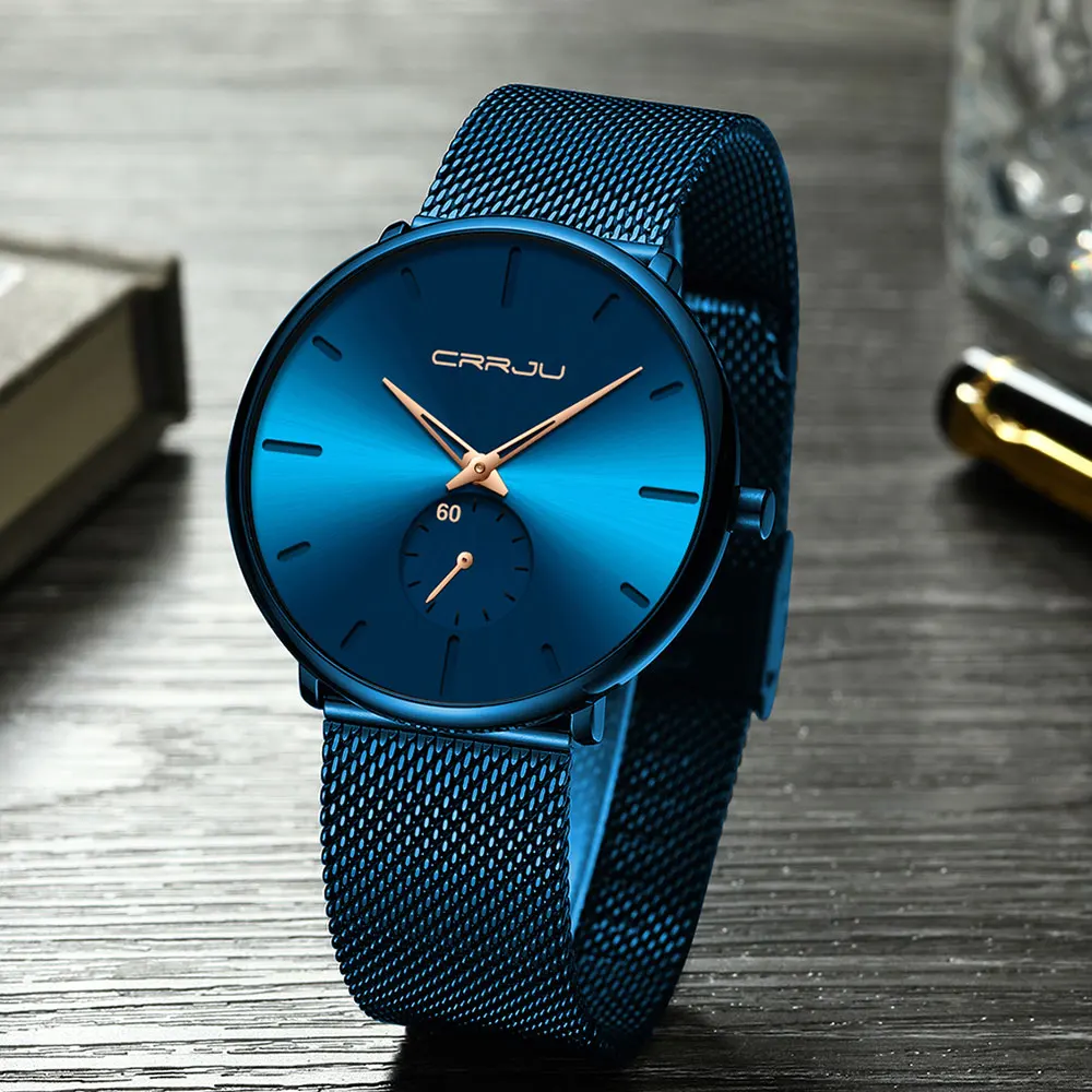 CRRJU ультра тонкие синие кварцевые часы из нержавеющей стали Мужские Простые Модные Бизнес японские часы мужские Relogio Masculino
