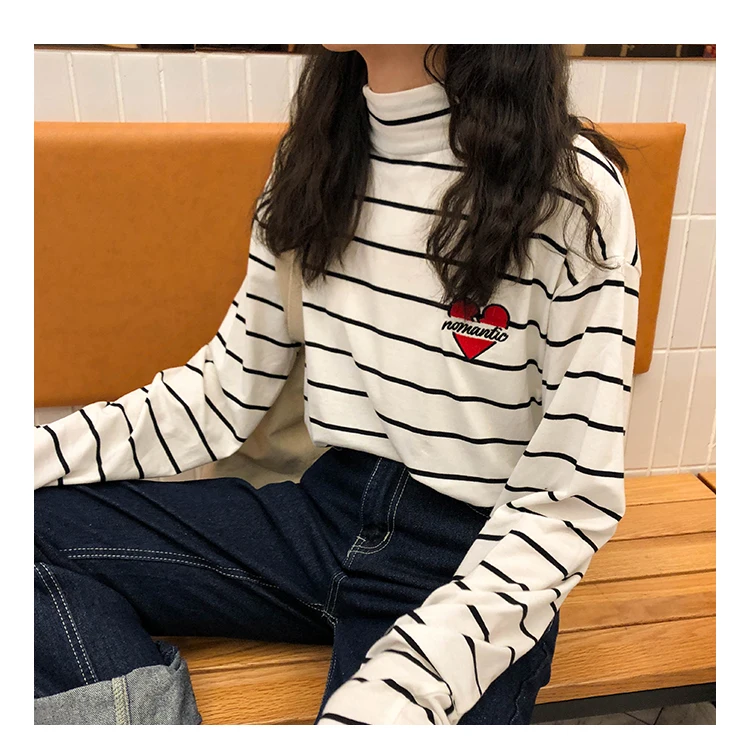 white stripe 4 цвета, осень, консервативный стиль, в полоску, любовь, вышивка, длинный рукав, футболки, женские укороченные топы, футболка femme(X999 - Цвет: white stripe