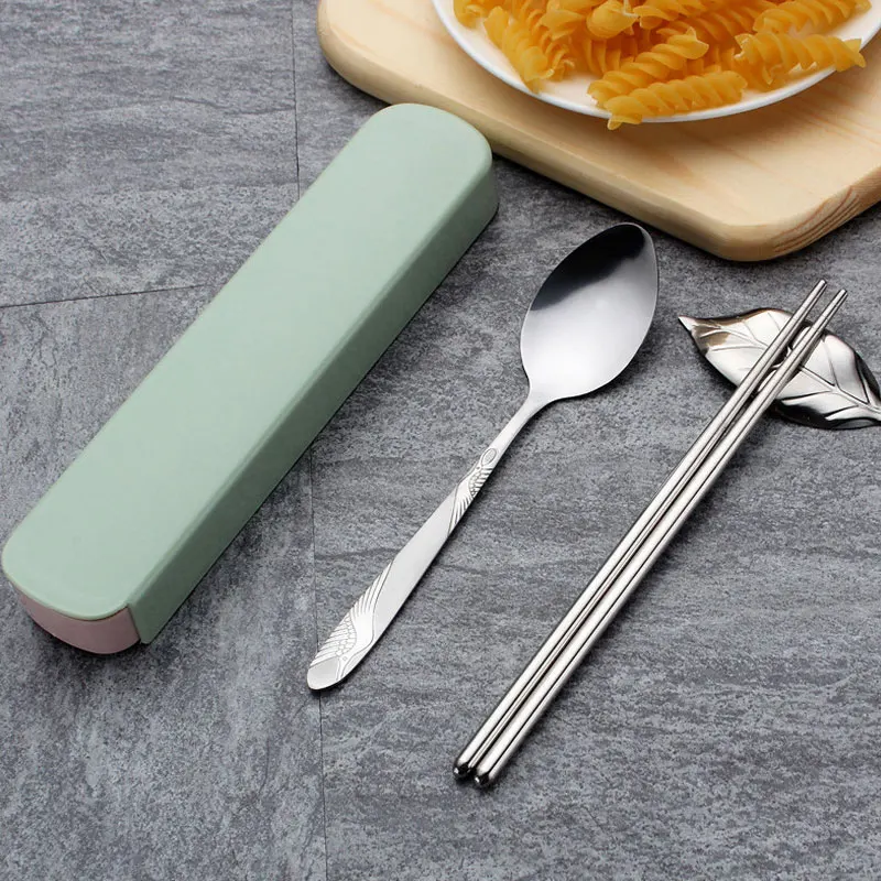 2PCS green Ложка из нержавеющей стали, вилка, палочки для еды, портативный набор посуды для взрослых и детей, для путешествий, пикника, кемпинга, школы, столовая посуда, подарки, FP - Цвет: 2PCS green