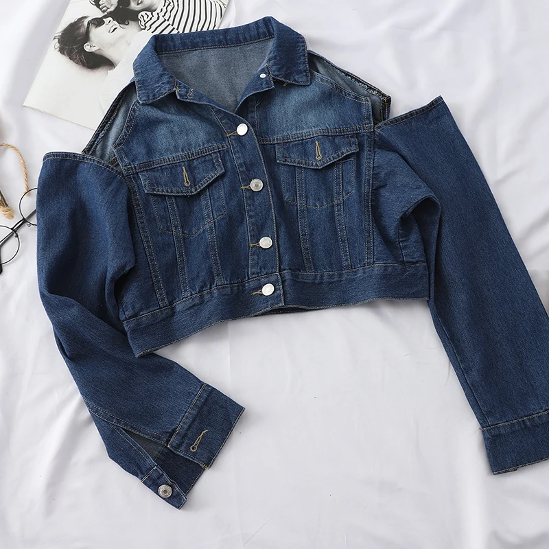 

Denim Jacket Women Student Autumn Basical Button Coat Blue Off Shoulder 2019 Female Spring Fashion Short Denim Jacket