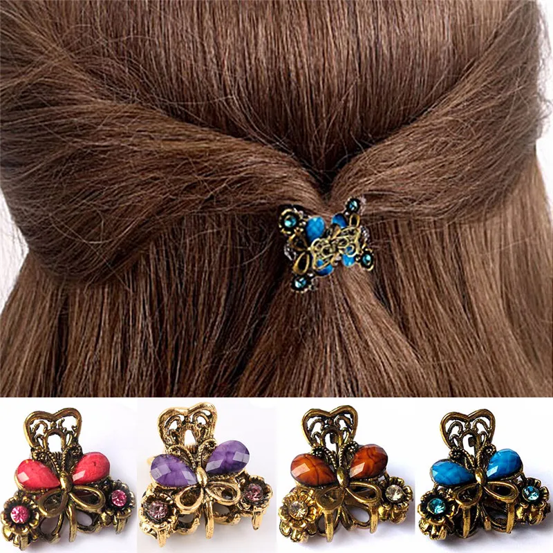 

Fashion Women Retro Mini Hairpins Lady Hair Accessories Butterfly Crab Hair Claw Resin Vintage Crystal Rhinestone Hair Clips