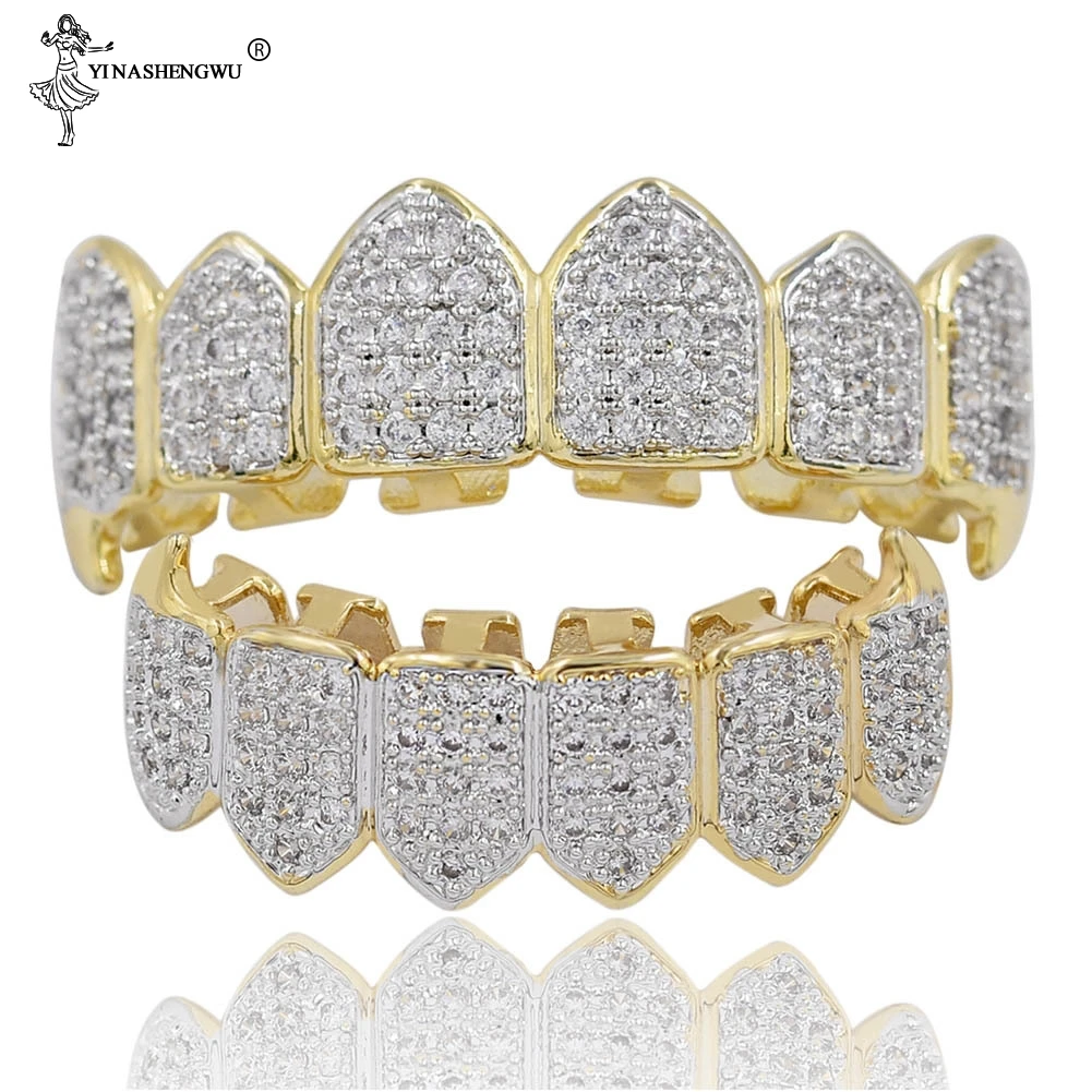Хип-хоп Grillz Iced Out AAA циркон Fang Рот зубы шапки Топ и низ гриль набор Мужчины Женщины