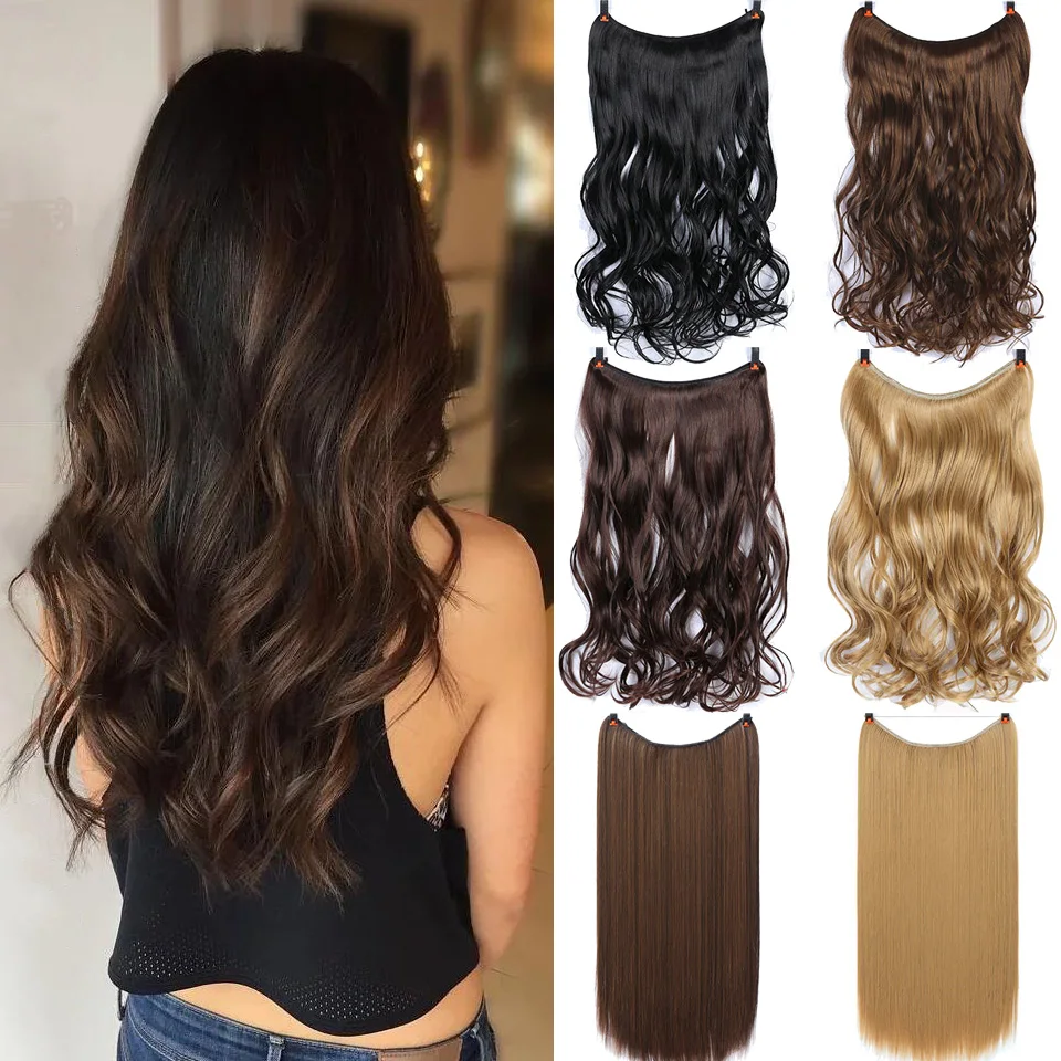 

LANLAN Invisible Wire No Clips in Hair Extensions Secret Fish Line Hairpieces Silky Straight real natural Synthetic Headwear