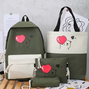 

LOOZYKIT 4Pcs/Set Panelled Women Backpack Canvas Cat Pattern School Bag For Girl Patchwork Backpack Female Shoulder Bag