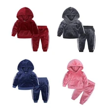 Осенне-зимняя бархатная одежда из 2 предметов для маленьких девочек топы с капюшоном и штаны теплые наряды красный спортивный комплект