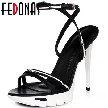 

FEDONAS Metal Buckle Sexy Genuine Leather Women'S Sandals Platforms Summer High Heels Pumps Elegant Party Dancing Shoes Woman