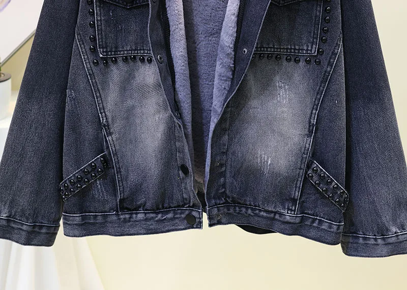 Зимняя джинсовая куртка с воротником из лисьего меха с капюшоном и заклепками, Женское пальто, Повседневная модная Корейская стильная теплая Плотная джинсовая куртка, пальто