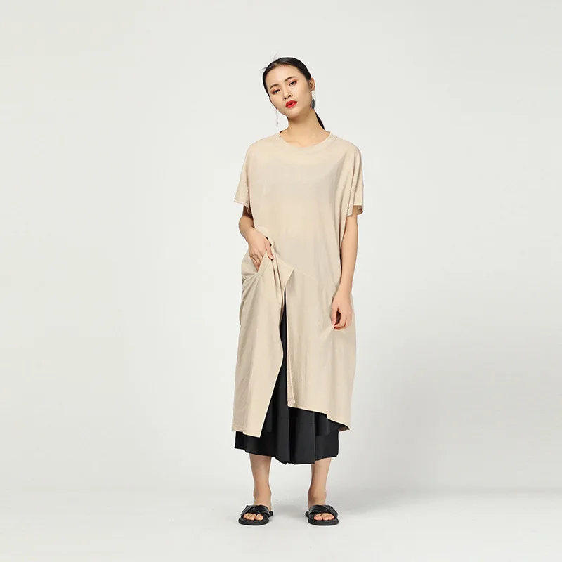 Модная льняная футболка с коротким рукавом и неровным Hemline, длинная футболка для женщин, новая летняя одежда, модные топы QF321