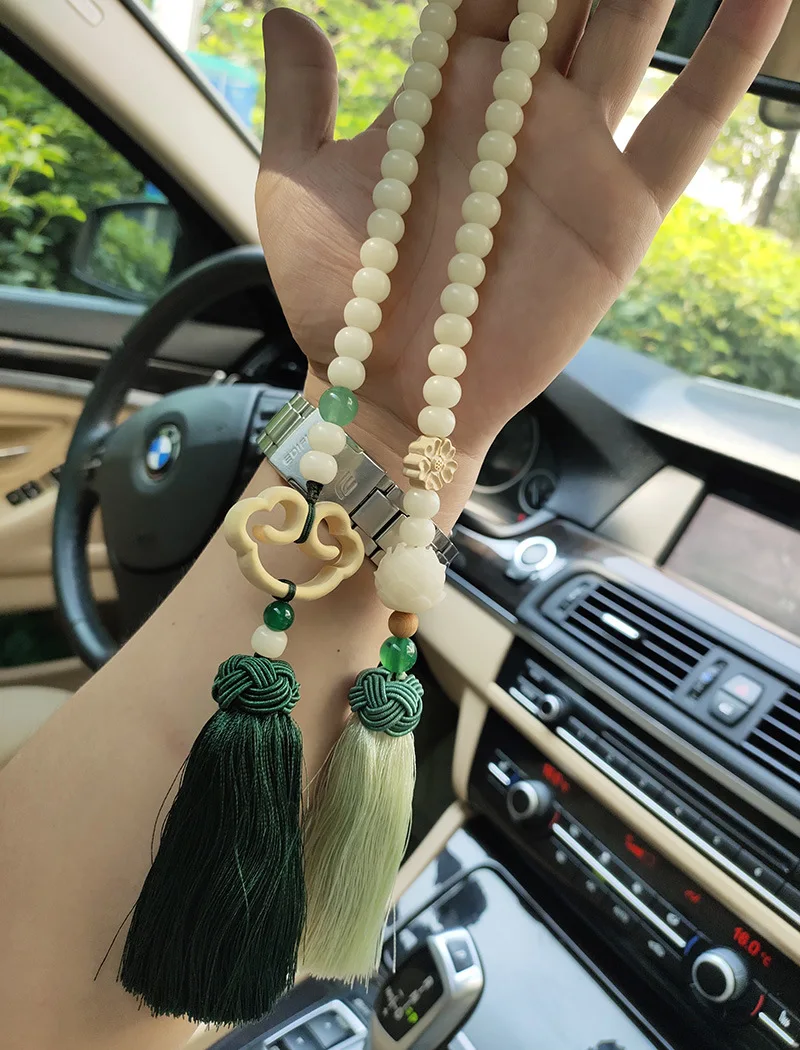 Handmade Retro Crystal Car Pendant Interior Accessories for Girls Bodhi Root Wishful Mirror Rear View Ornaments
