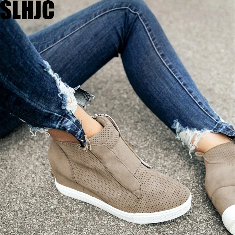 

SLHJC Women Pumps 2019 Spring Autumn Med Wedges Heel Leather Shoes Short Ankle Length Boot Plus Size Height Increasing Zip Shoes