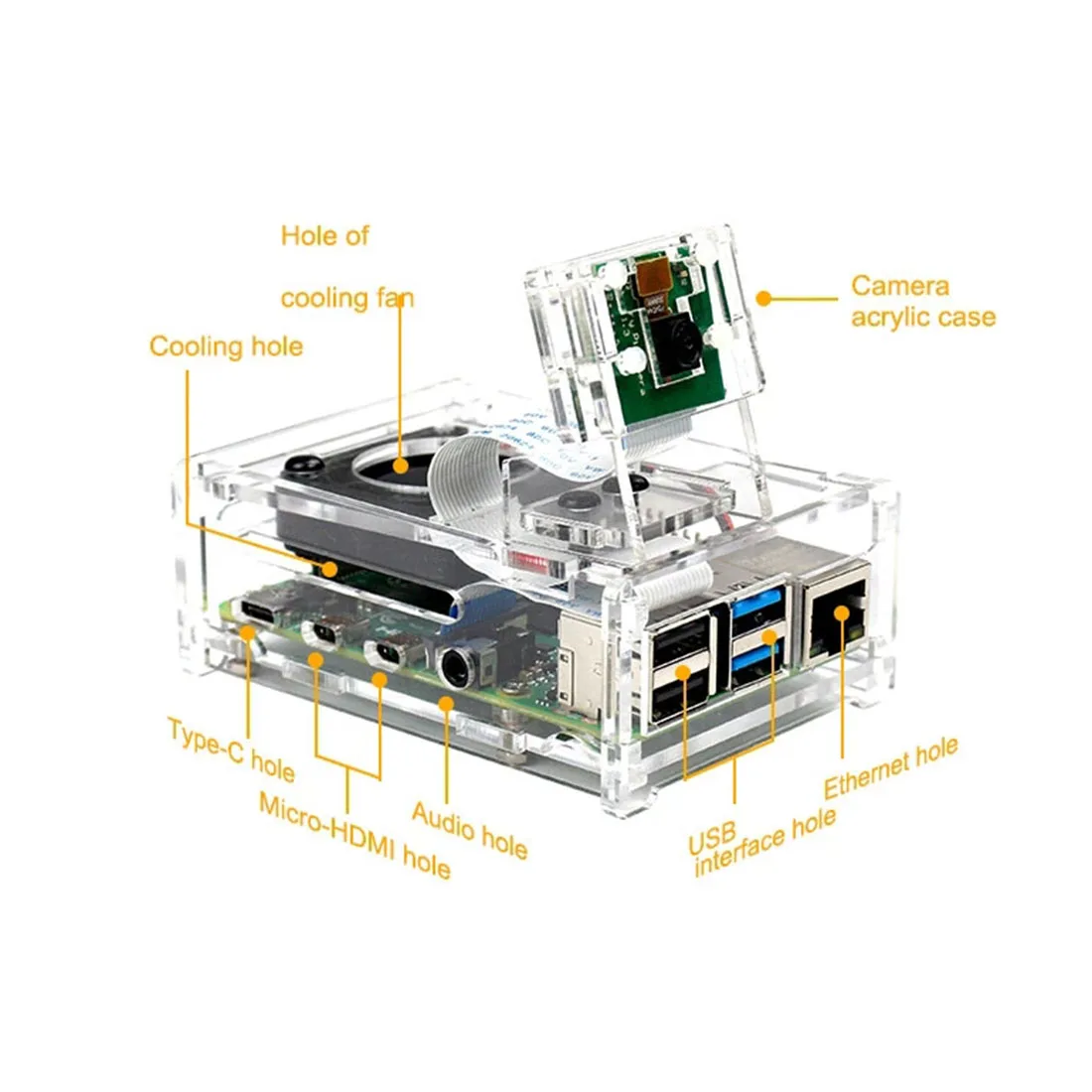 Акриловая оболочка платы с вентилятором и держателем для камеры, совместимая с экраном 3,5 дюйма и камерой для Raspberry Pi 4B(без малины