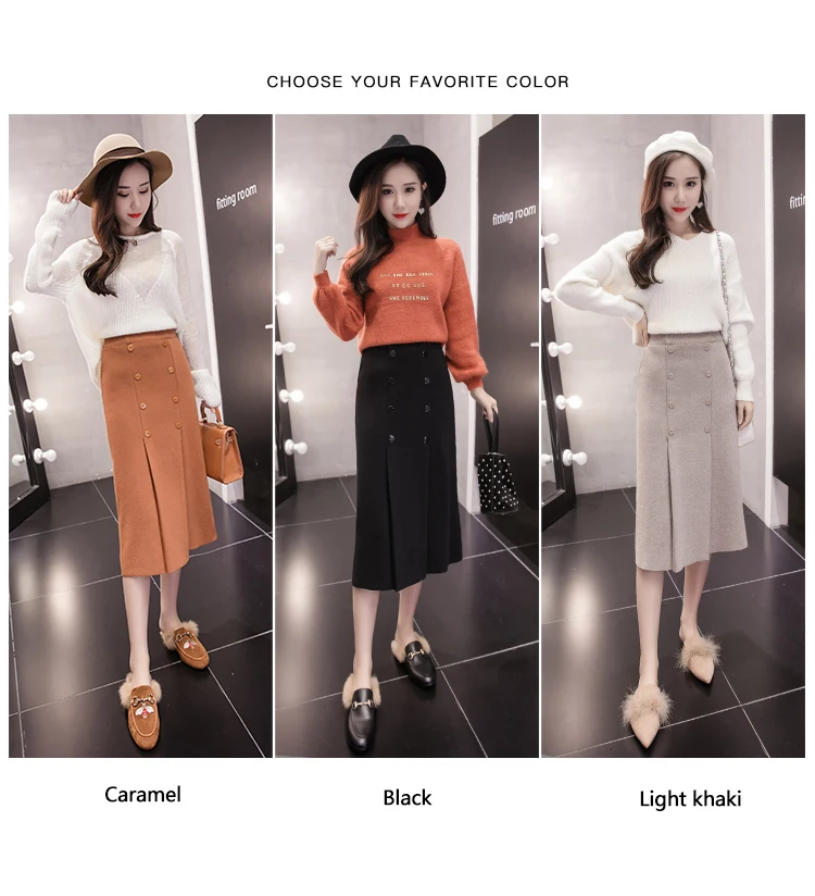 High Waist Stretch Knitted Skirt Women Elegant Double breasted Straight Long Skirts Female Autumn Winter Vintage Pleated Skirt