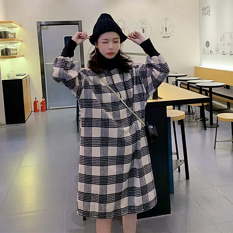 

Photo Shoot CHIC Vigorous GIRL'S Retro Plaid Loose-Fit Mid-length High Collar Hooded Pullover Woolen Hoodie Dress