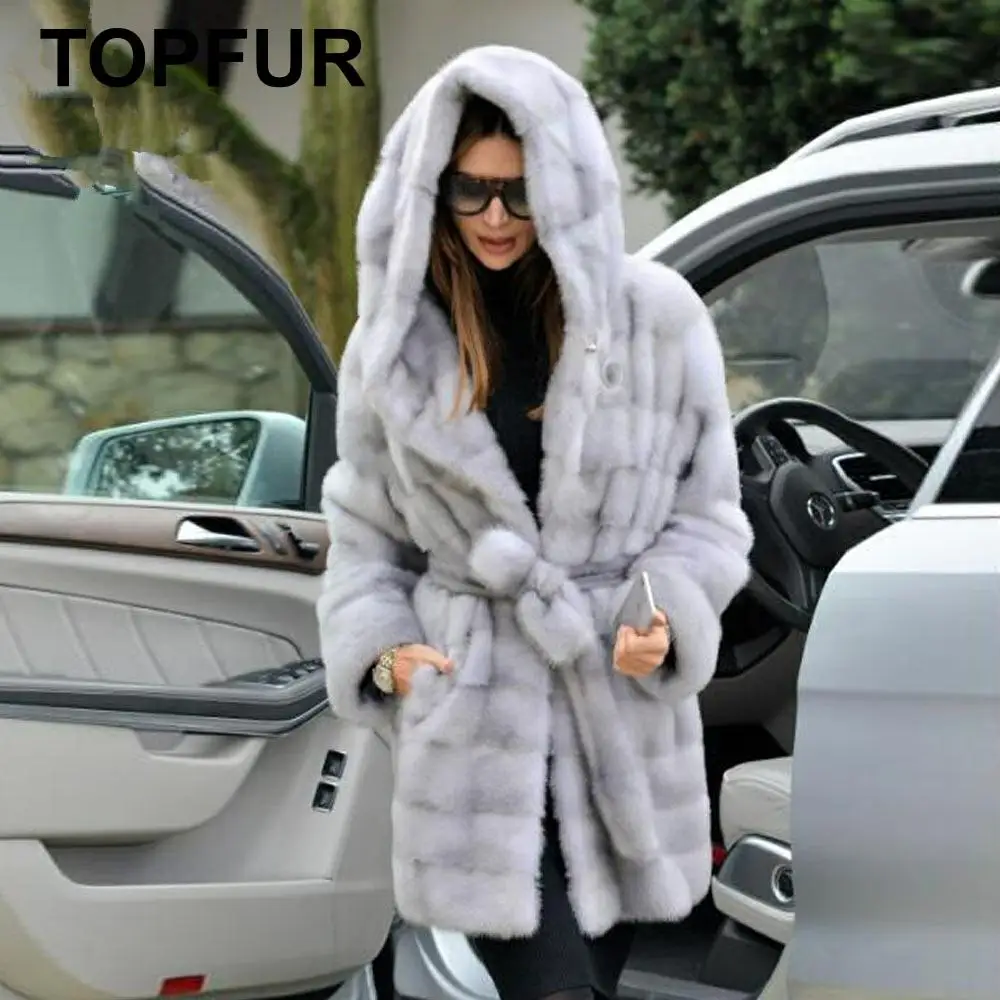 

TOPFUR Winter Customized Real Fur Coat Women Natural Mink Fur Medium Coats With Belt Thick Full Sleeves Coats With Fur Hood