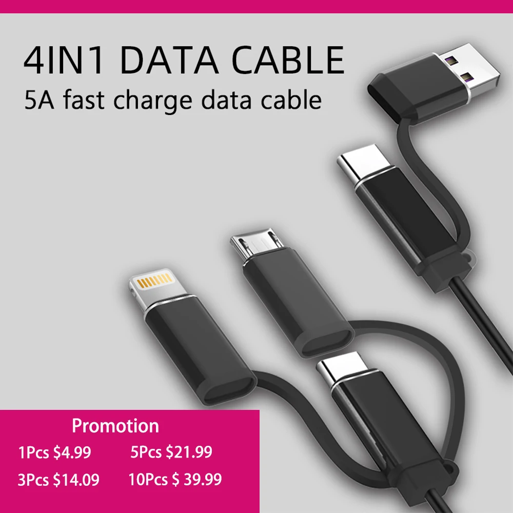 5 шт. 5A 4 в 1 USB кабель для мобильного телефона Micro usb type C кабель зарядного устройства для iPhone 7 XR XS 11Pro huawei шнур для быстрой зарядки данных