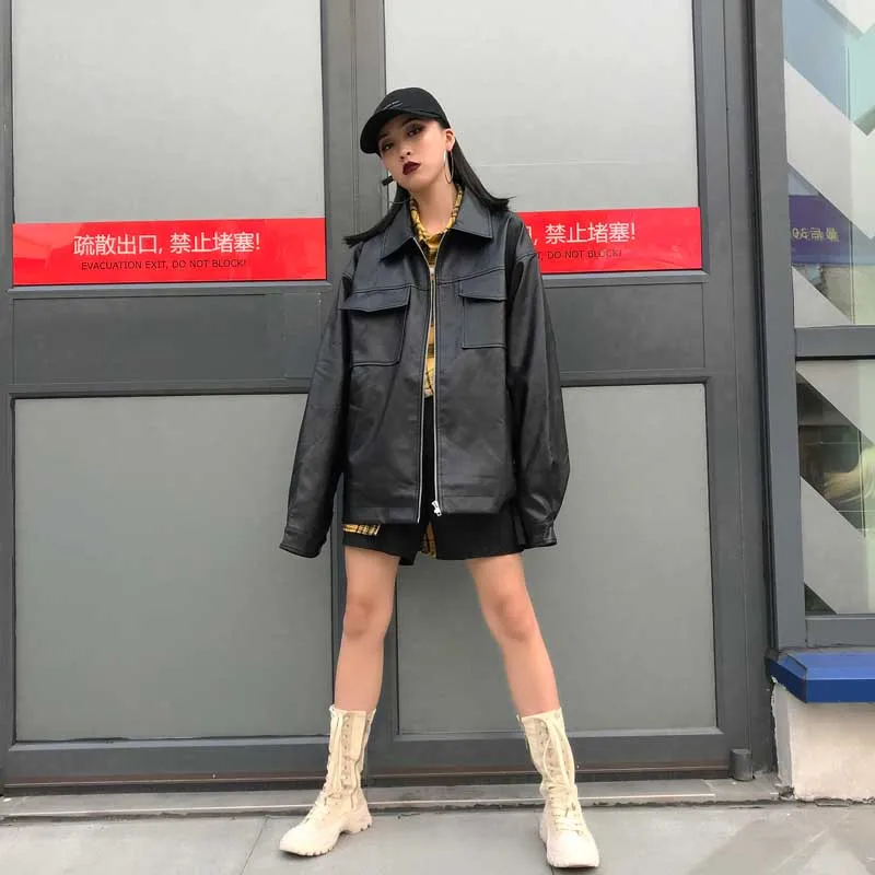 NiceMix Весенняя мотоциклетная кожаная женская куртка ветровка из искусственной кожи Harajuku Свободная куртка "бойфренда" женский большой размер