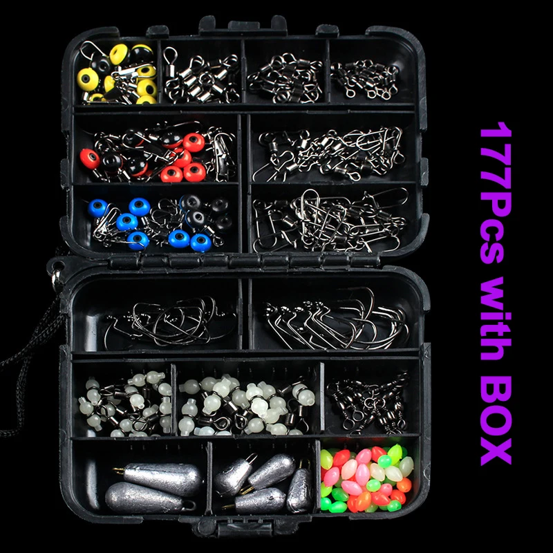 

177Pcs Fishing Connector Hooks Space Bean Carp Fishing Tackle Kit Jig Hooks Swivel Snaps Sinkers Split Rings Beads with Box