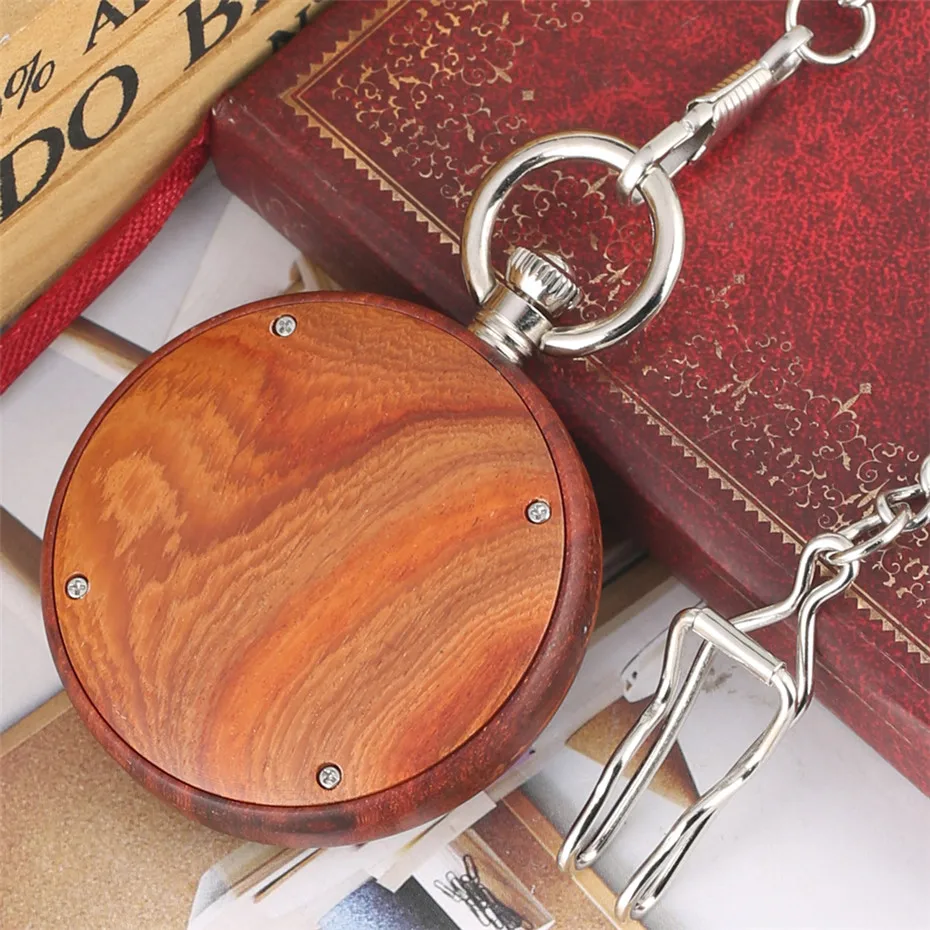 Full Wooden Pocket Watch Quartz Movement Luminous Pointer Roman Numerals Display Red Wood Pendant Hanging Clock Silver Chain