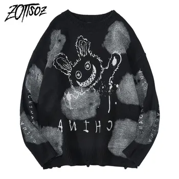 

ZOTTSOZ Pullover Sweater Harajuku Casual Streetwear Men Women Hip Hop Tie Dye Smiling Rabbit Ripped Destroyed Holes Jumpers Tops