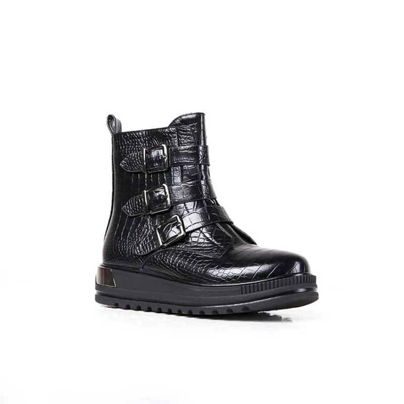 REAVE CAT Girls Motorcycle Ankle Boots Big Buckles Plush warm Leather Waterproof Boots Rome Style Round Toe Platform Size 25-38 - Цвет: Black fur