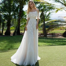 Boho A-Line Wedding Dresses 2021 Spaghetti Straps Half Sleeve Elegant Square Collar Tulle Appliques Lace Ribbons Court Train
