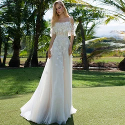 Boho A-Line Wedding Dresses 2021 Spaghetti Straps Half Sleeve Elegant Square Collar Tulle Appliques Lace Ribbons Court Train