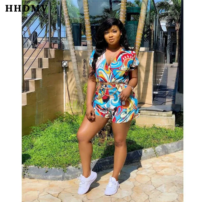 HHDMV OX8051 Fashion Women Summer Colorful Print Short Sleeve Playsuit Sexy Club Short Pant Rompers V-neck Jumpsuit