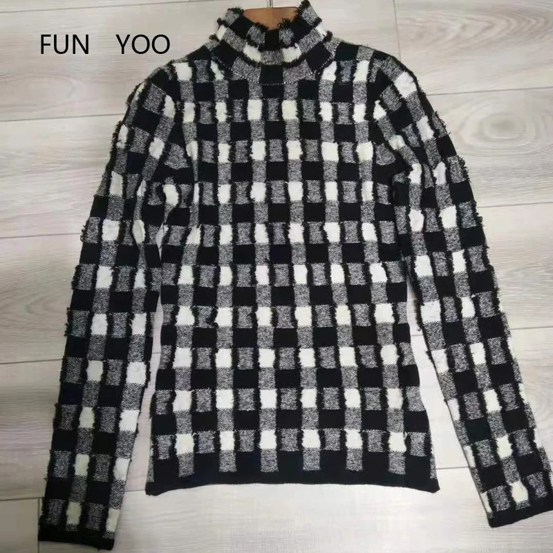 

2019 Woman Plaid Pullovers Turtleneck Knitted Full Sleeves Casual Black White Warm