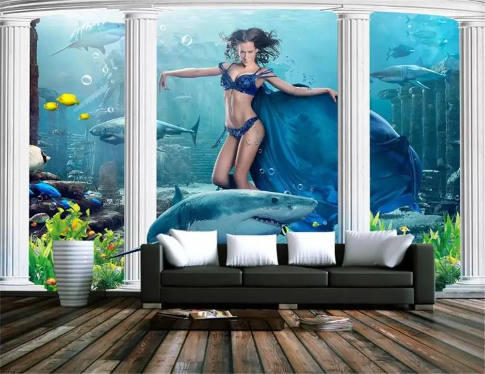 3d обои для дома Акула Дельфин подводный мир Русалка Коралл твердая стена HD Улучшенный интерьер декоративные обои