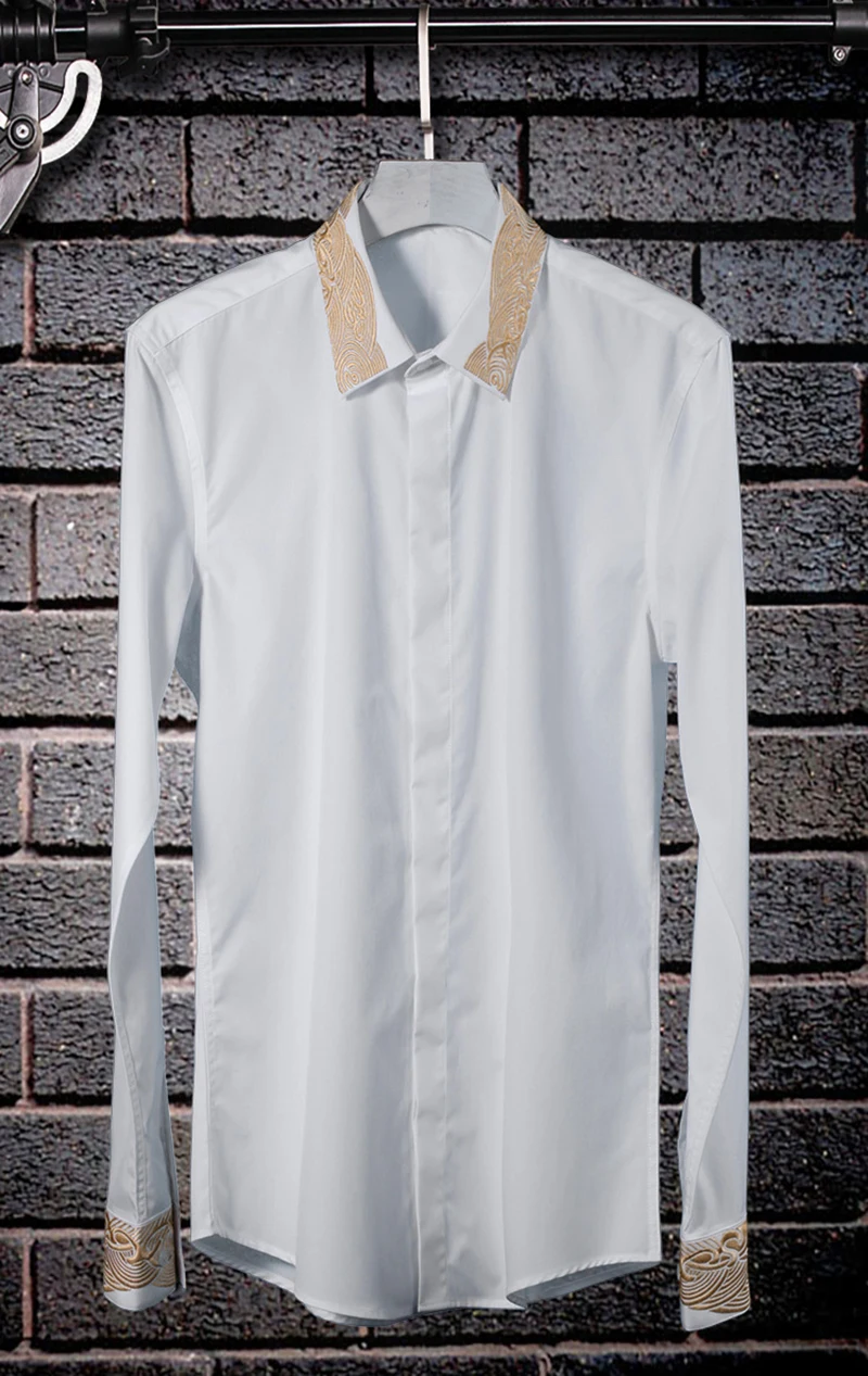 New men's shirt collar cuff embroidery gold auspicious cloud Fashion high quality cotton man shirt business leisure nightclub