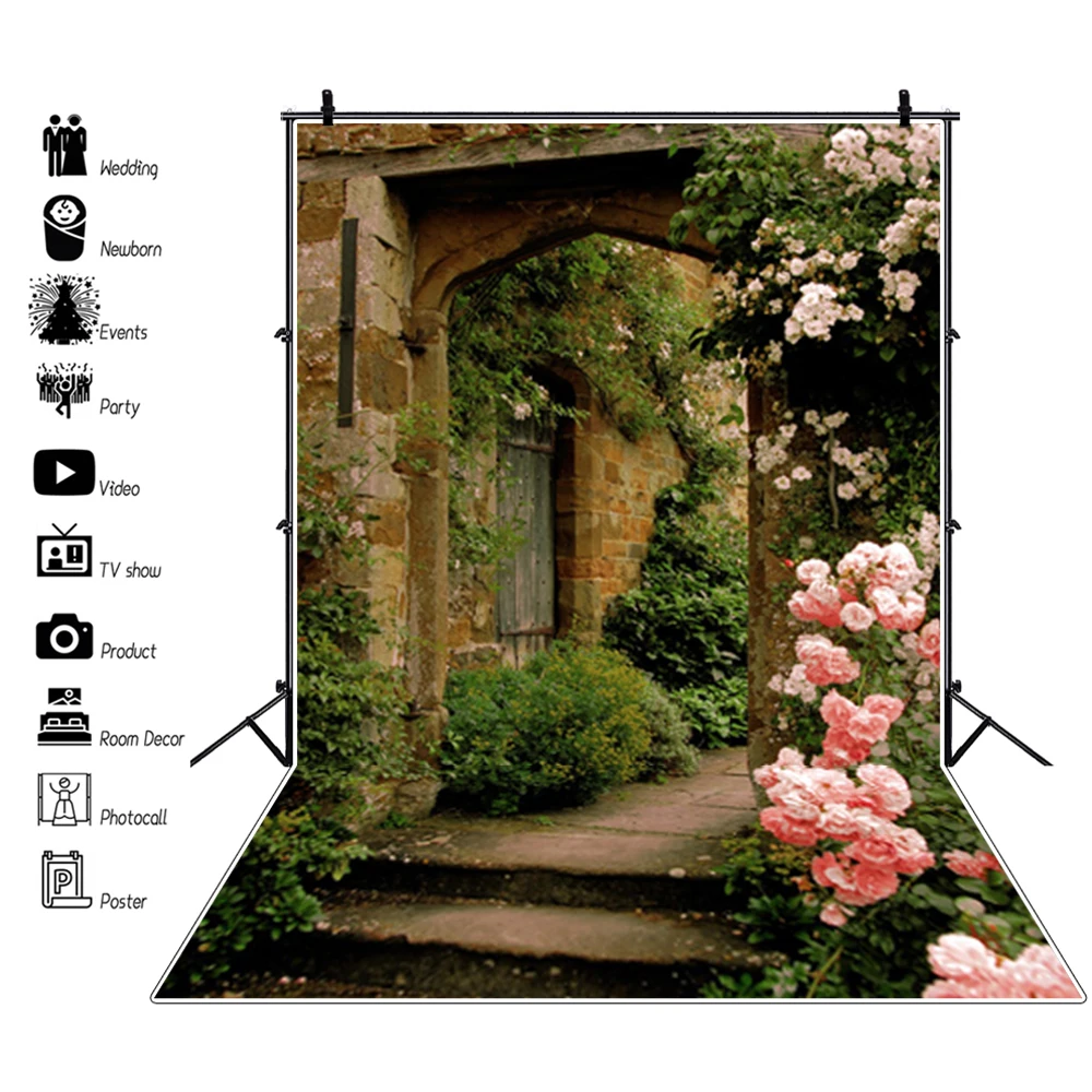 Laeacco Brick House Flowers Yard Arch Gate Photo Backdrop