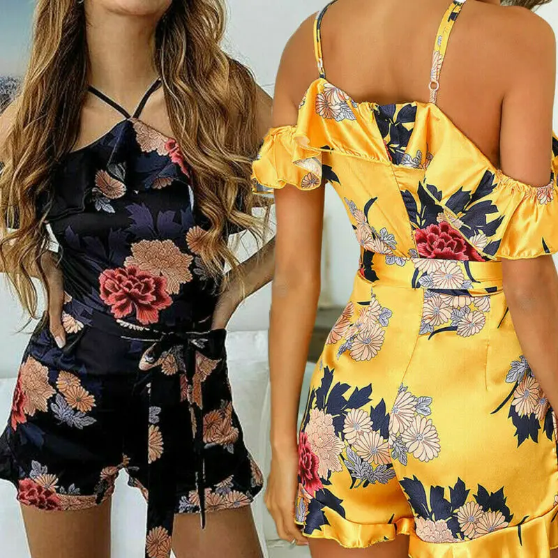 Hirigin Floral Print Satin Playsuit Women Summer Sexy Off Shoulder Halter Sleeveless Ruffle Jumpsuit Beach Work Overalls Shorts | Женская
