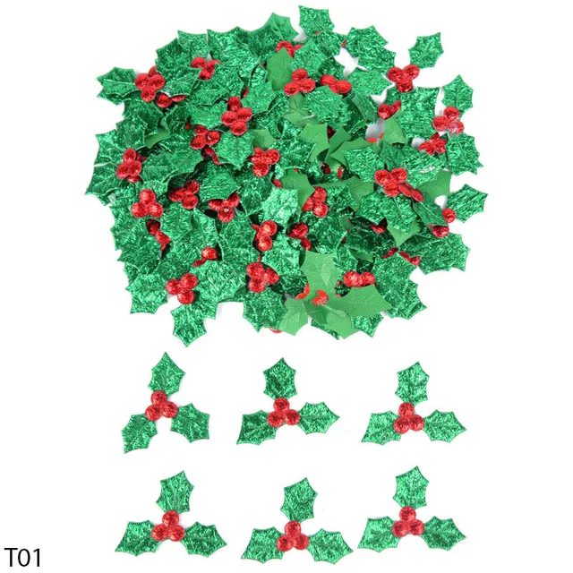 100Pcs Glitter Green Holly Leaf Red Berry Christmas Ornaments Artificial Holly Leaves For Xmas New Year Party Decor DIY Crafts T01