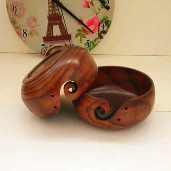 

2x Hand Crafted Wooden Yarn Storage Bowl with Carved Holes & Drills Knitting Crochet Accessories, Dia:20cm/8inch
