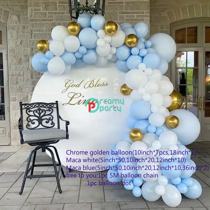 172pcs Macaron Balloon Arch Garland Blue White Chrome Gold Balloon