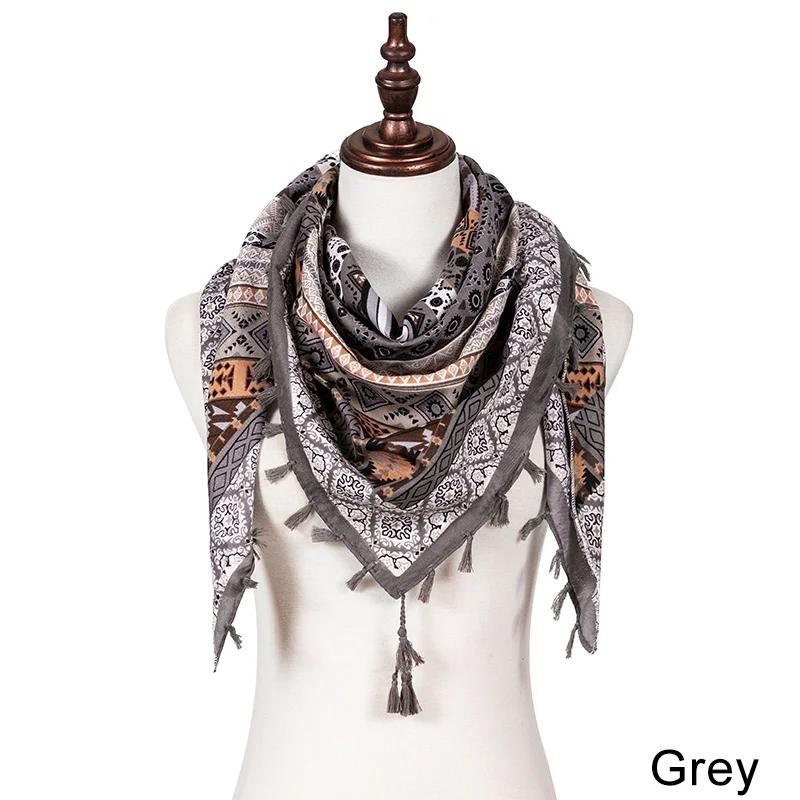 Модный женский Шарф Большие шали цветочный принт этнический треугольник кисточкой теплый зимний шарф женский роскошный бренд платок шарфы - Цвет: Gery