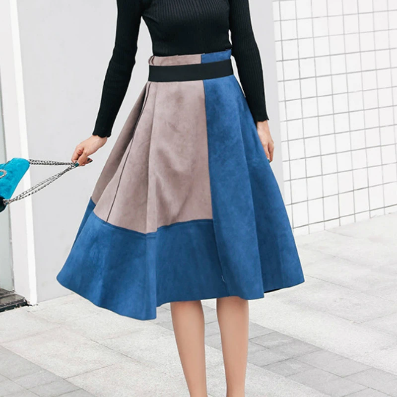 

Winter Fall Contrast Color Patchwork Suede A-line Long Skirts High Waisted Zipper Elegant Flared Velvet Pleated Calf Long Skirts