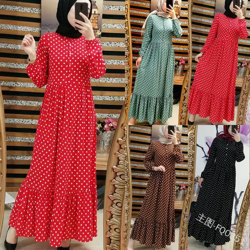 Muslim Polka Dot Abaya Print Maxi Dress 