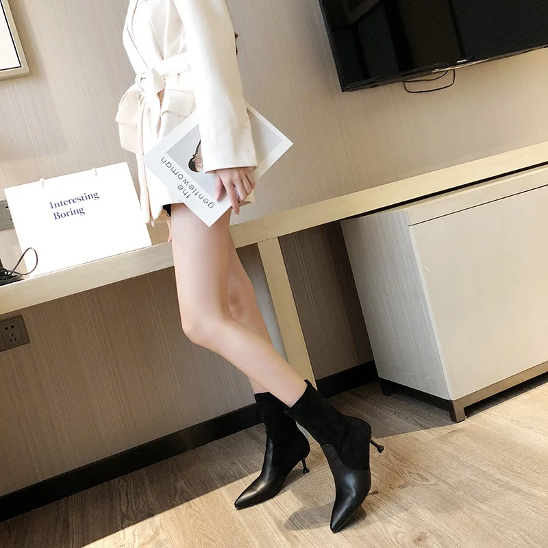 elegant ladies pointed toe leather patchwork winter boots slip on kitten high heels flock med-calf boots stretch sock botines y2