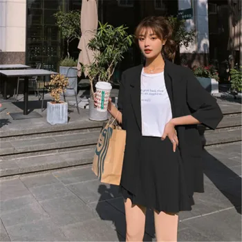 

2020 Spring Plus size Two Piece Set Casual Suits Korean Fashion Loose Simple Solid Suit +Short Pleated Skirt Women 2 Piece Set