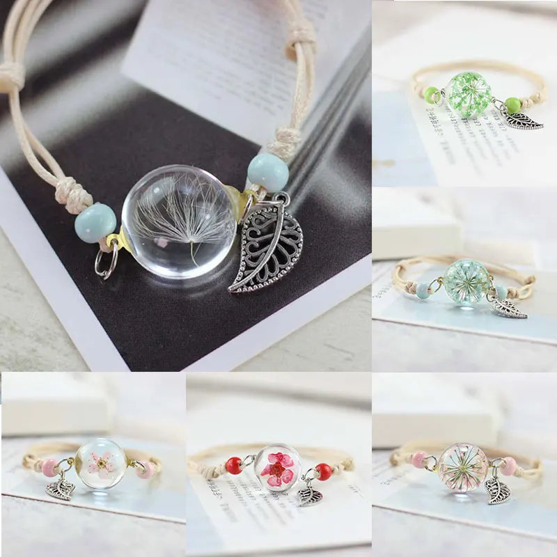 Glass Ball Dried Dandelion Bracelets Ceramic Hand-made Dried Flower Charm Bracelets Girls Gifts Natural Flower Weave Jewelry charm bracelet
