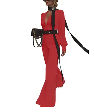 

Sexy Deep V-neck Long Sleeve Women Jumpsuit Tunic Wide Leg Flare Pants Elegant Overalls Yellow White Red Combinaison Femme
