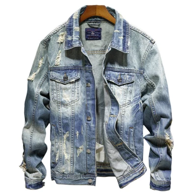 Джинсовые куртки для мужчин, ковбойская приталенная куртка-бомбер, Мужская рваная джинсовая куртка в стиле хип-хоп, уличная одежда, пальто, Chaqueta Hombre 4XL - Цвет: Denim Blue