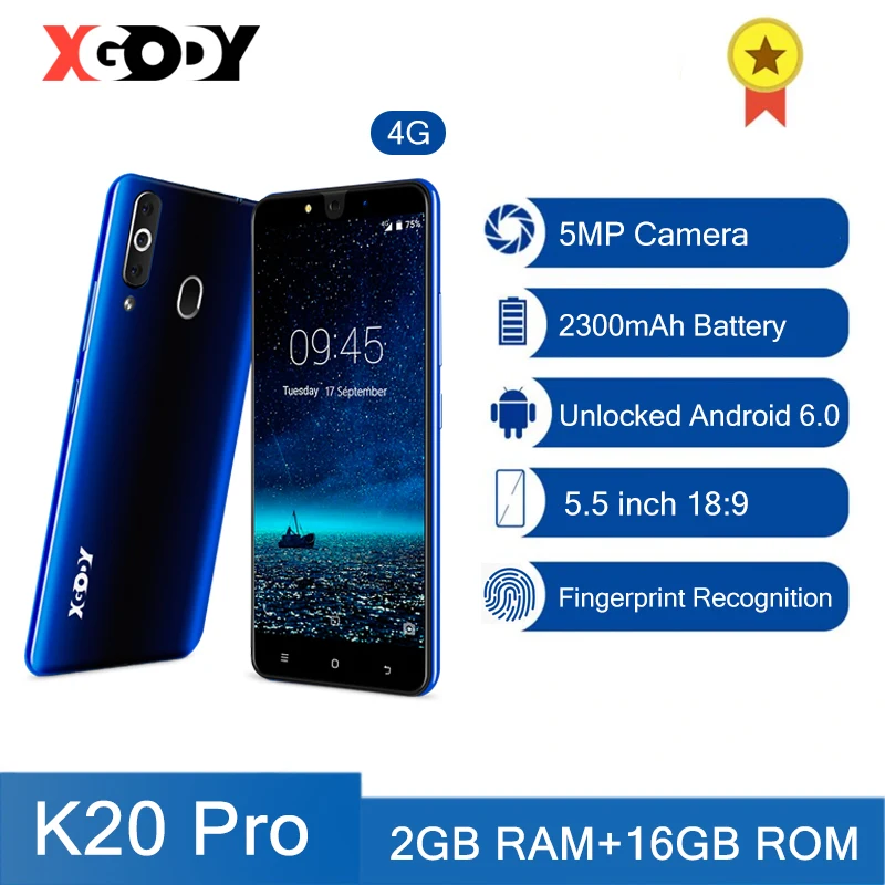 Смартфон XGODY K20 Pro 4G сканер отпечатков пальцев 2 + 16 ГБ две Sim карты 5 дюйма 18:9 Android
