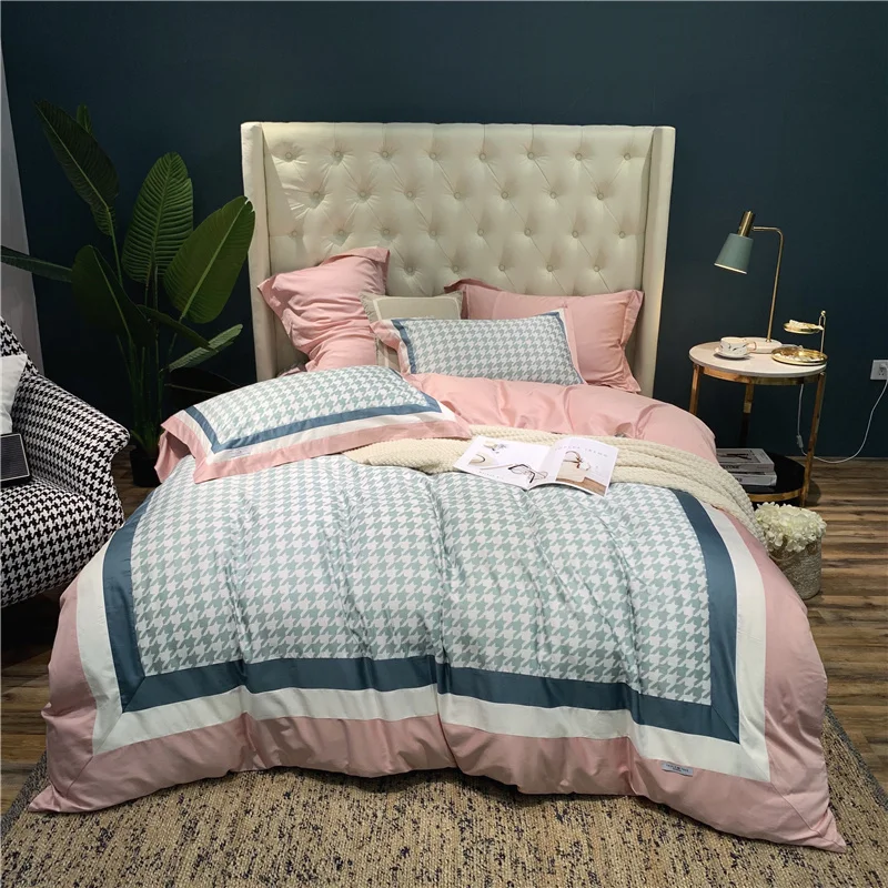 Luxury 100 Egypt Cotton Houndstooth Silky Bedding Set Patchwork