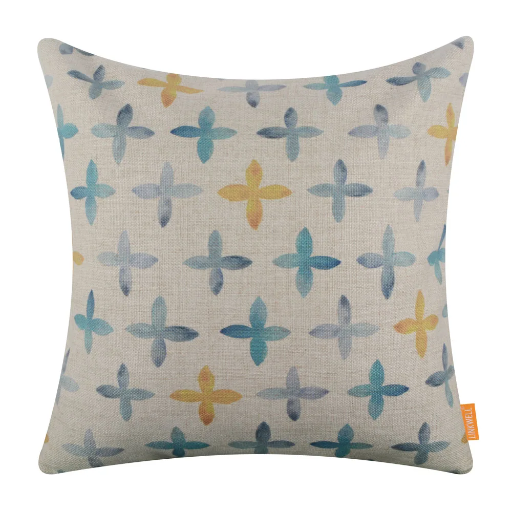 LINKWELL 18&quotx18&quot Blue Yellow Cross Tile Watercolor Geometric Pillow Case Modern Living Room Decorative Cushion Cover | Дом и сад